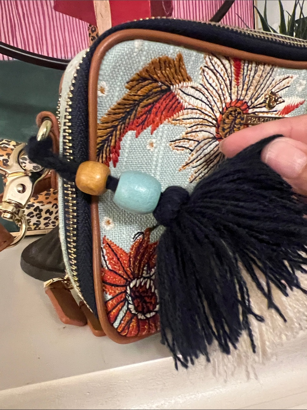 Spartina 449 Floral Embroidered Crossbody Bag - Light Blue, Navy, Tan - Picture 3 of 11